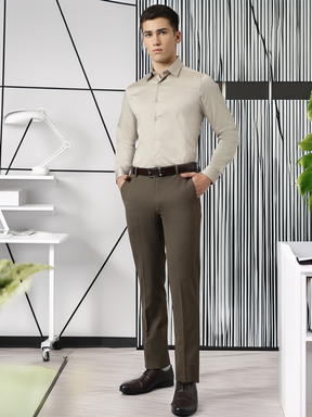 Flex Waist 4-Way Stretch Formal Trousers in Oak Brown - Slim Fit