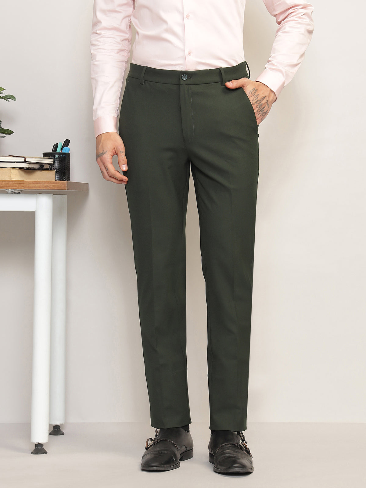 Flex Waist 4-Way Stretch Formal Trousers in Olive- Slim Fit