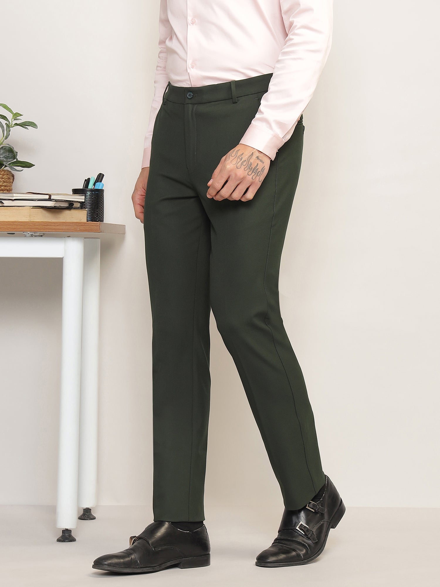 Flex Waist 4-Way Stretch Formal Trousers in Olive- Slim Fit