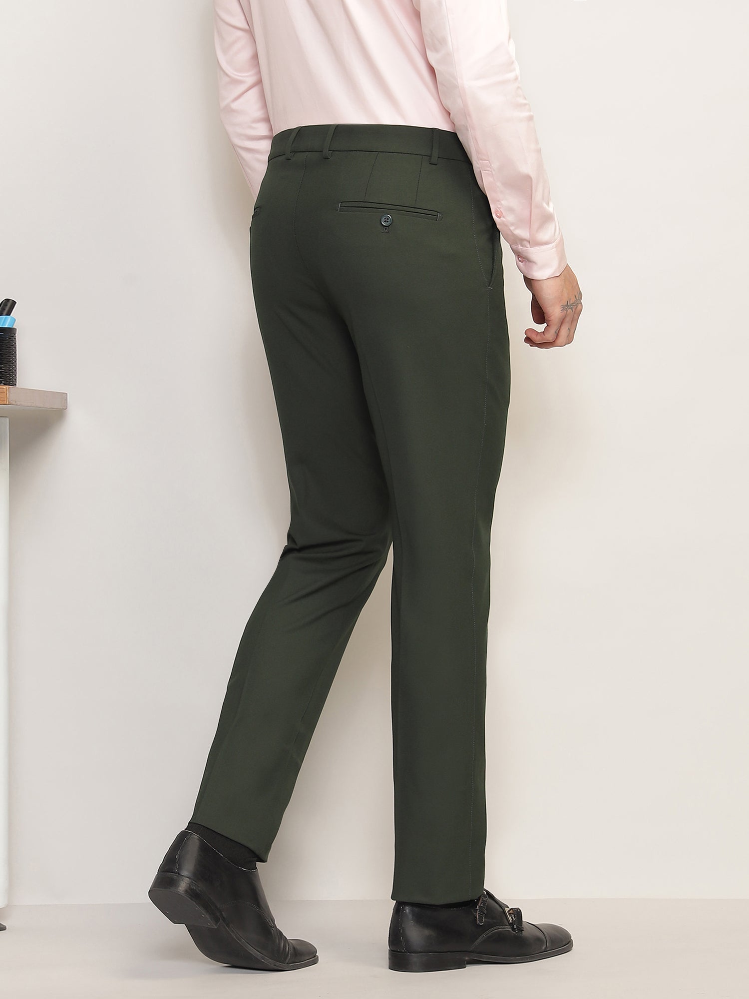 Flex Waist 4-Way Stretch Formal Trousers in Olive- Slim Fit