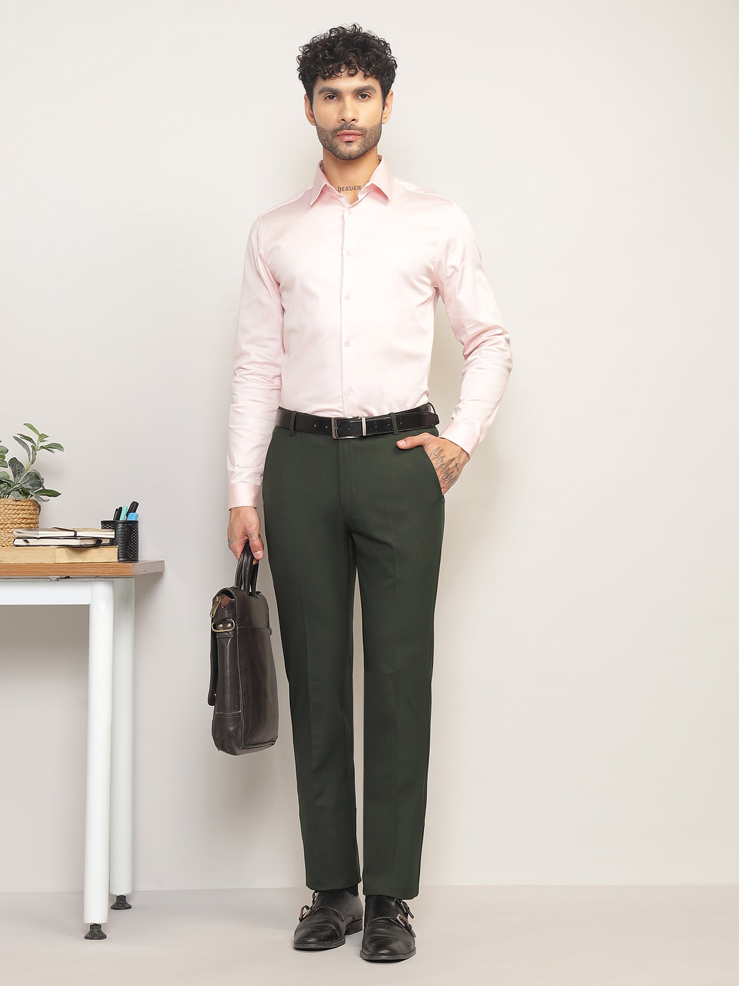 Flex Waist 4-Way Stretch Formal Trousers in Olive- Slim Fit