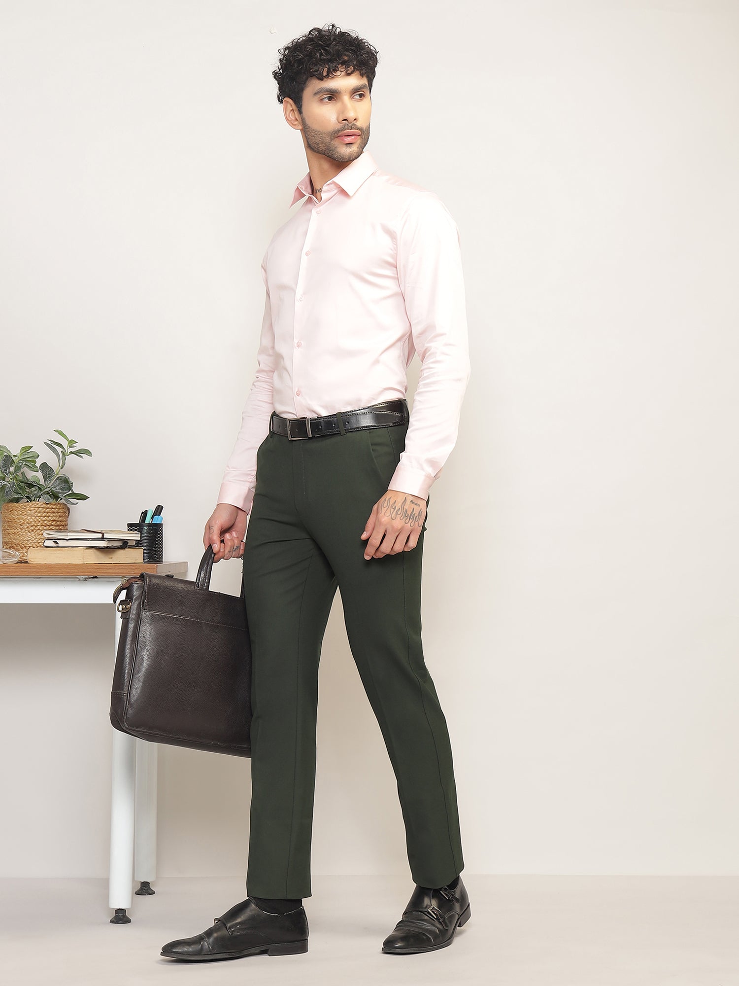 Flex Waist 4-Way Stretch Formal Trousers in Olive- Slim Fit