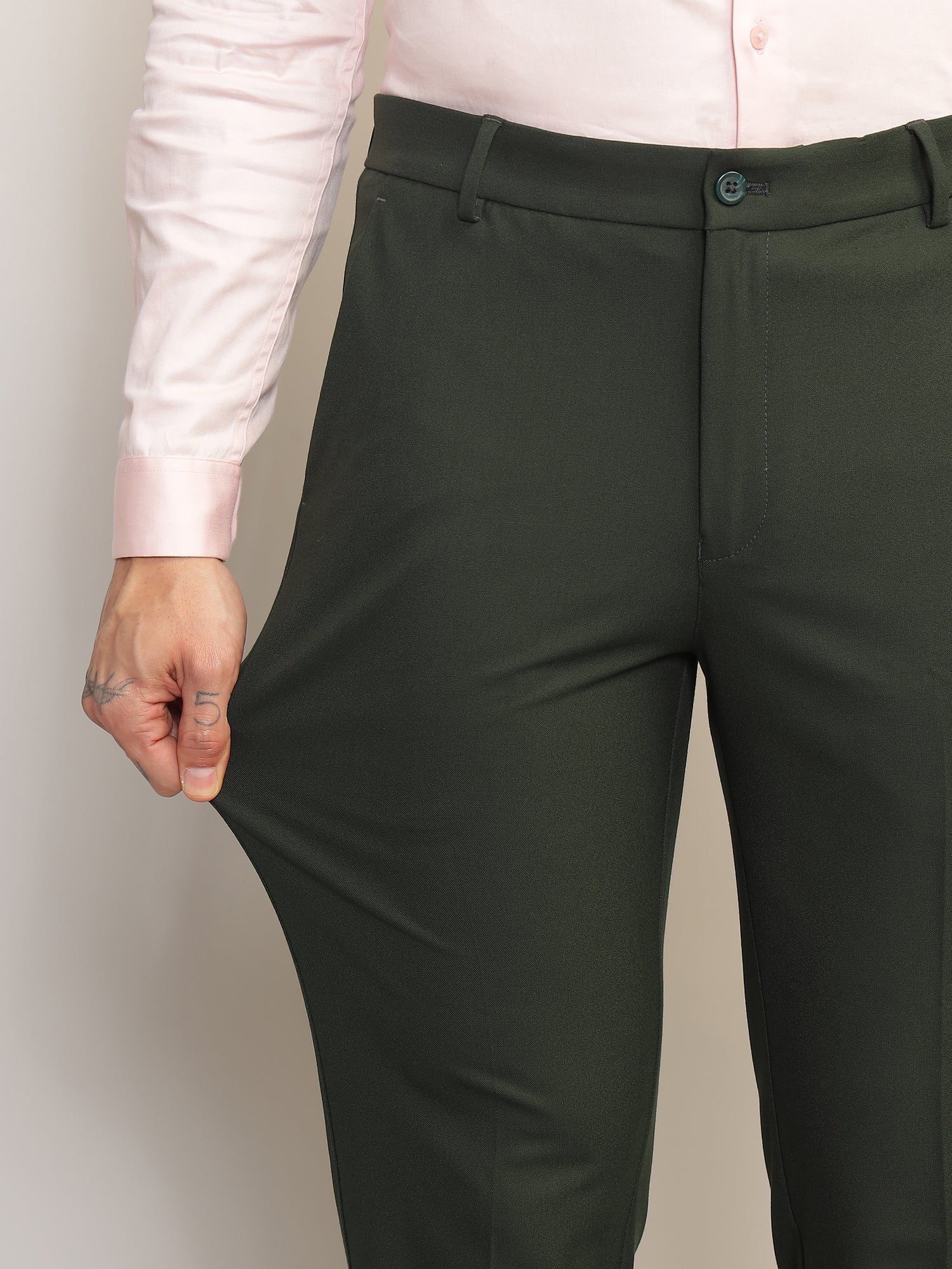 Flex Waist 4-Way Stretch Formal Trousers in Olive- Slim Fit