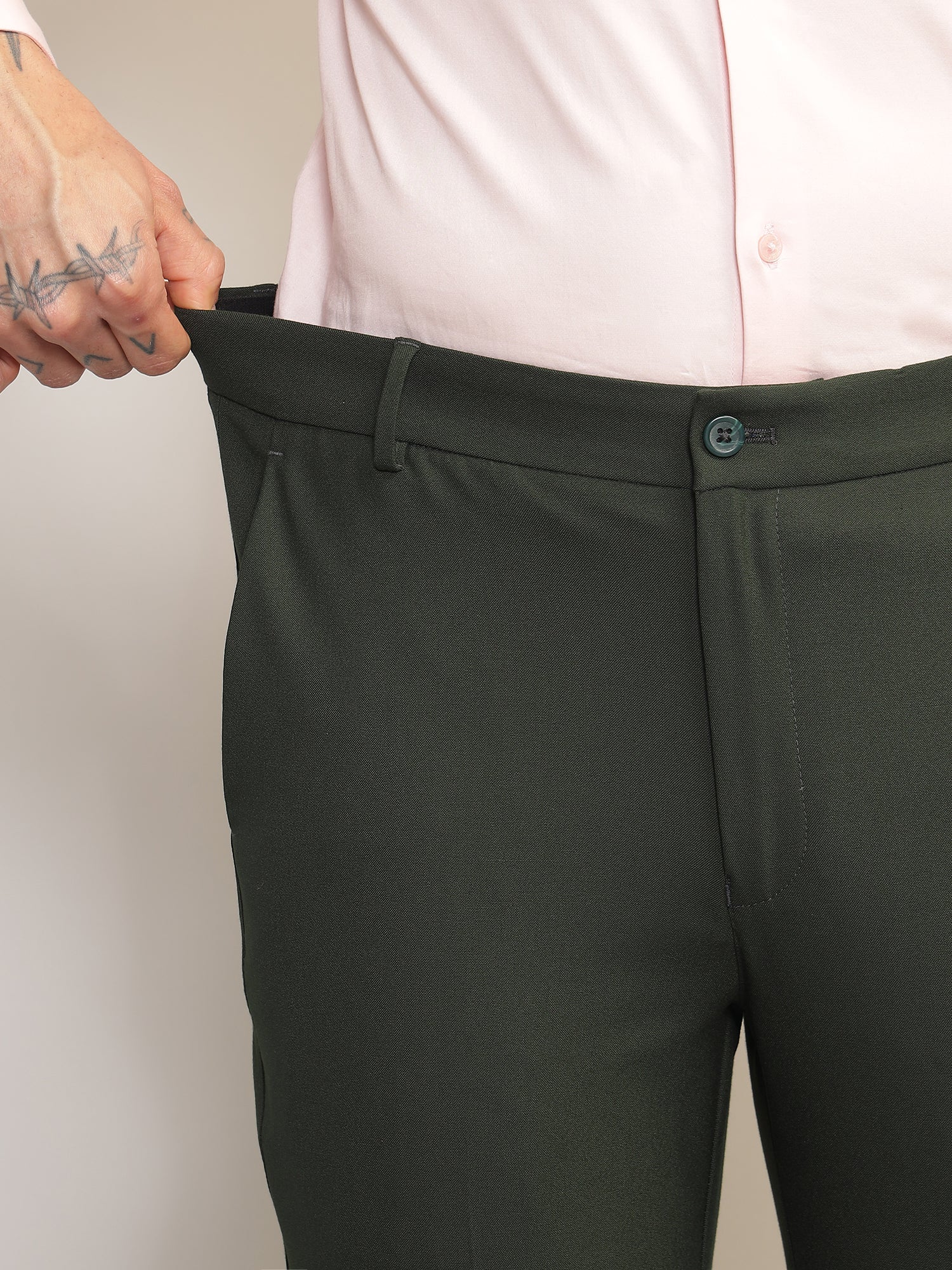 Flex Waist 4-Way Stretch Formal Trousers in Olive- Slim Fit