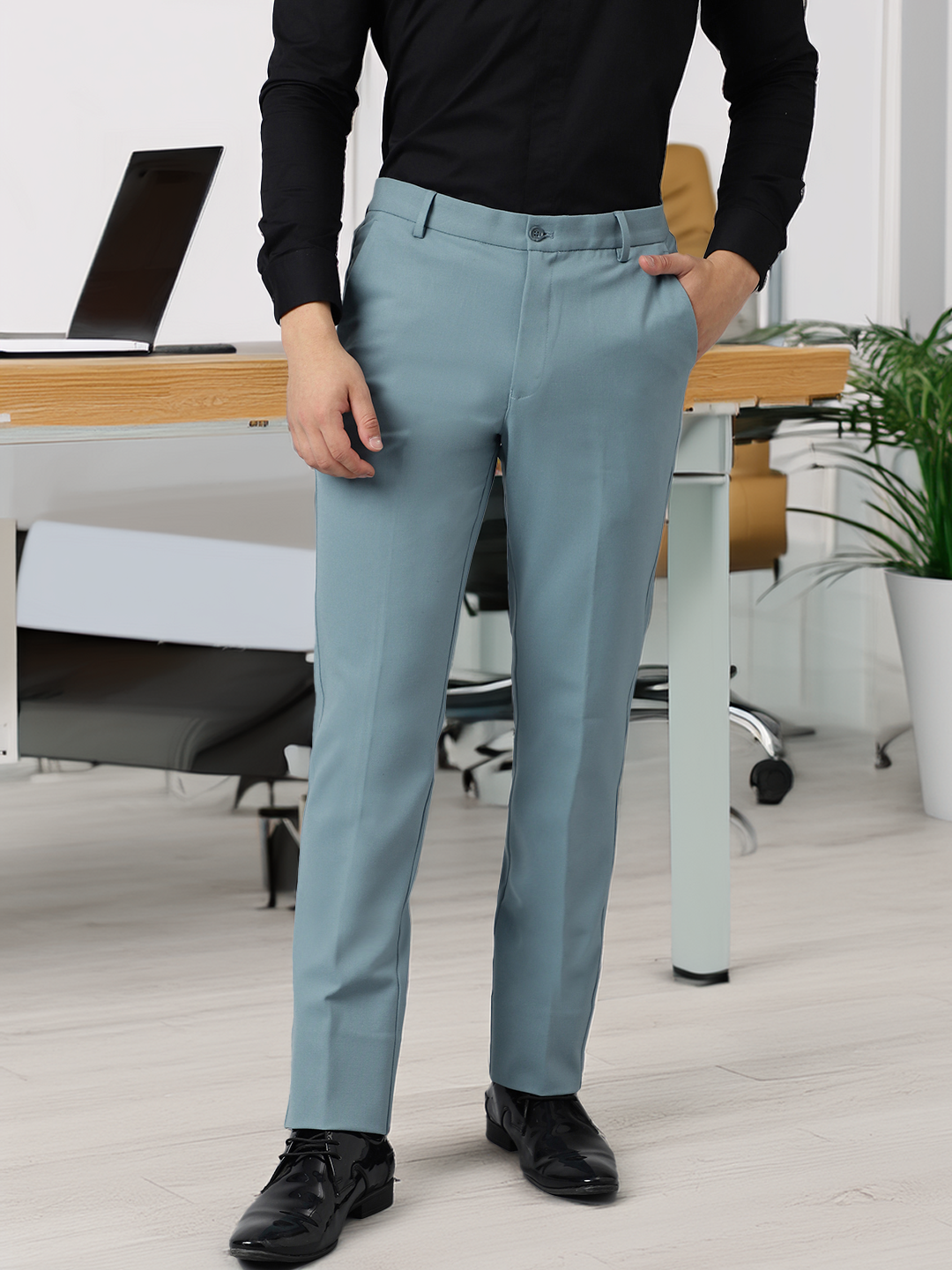 Flex Waist 4-Way Stretch Formal Trousers in Powder Blue- Slim Fit