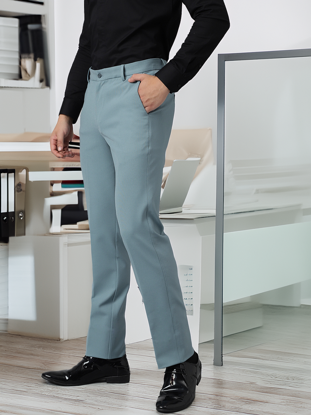 Flex Waist 4-Way Stretch Formal Trousers in Powder Blue- Slim Fit