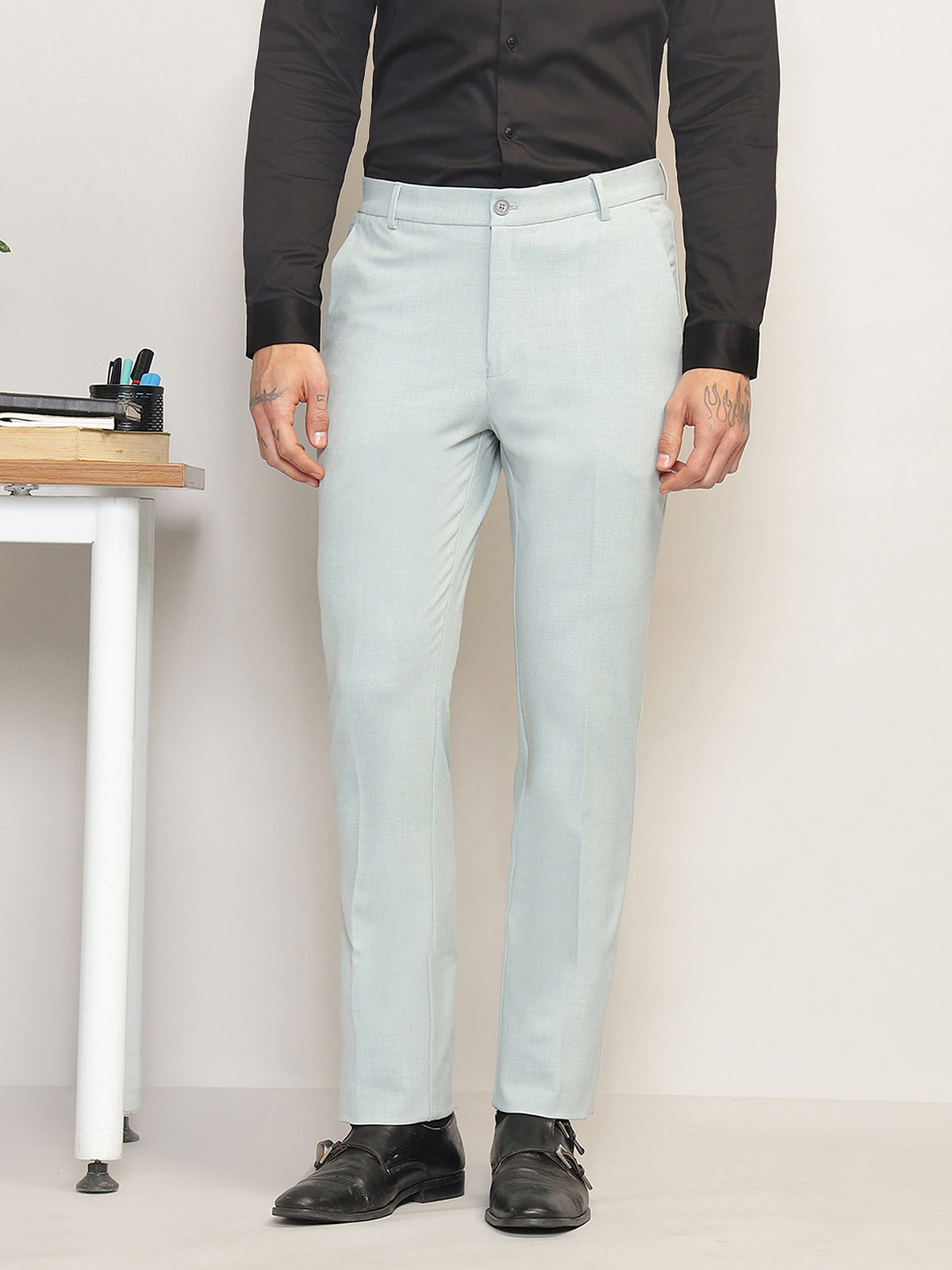 Flex Waist 4-Way Stretch Formal Trousers in Sage Blue- Slim Fit