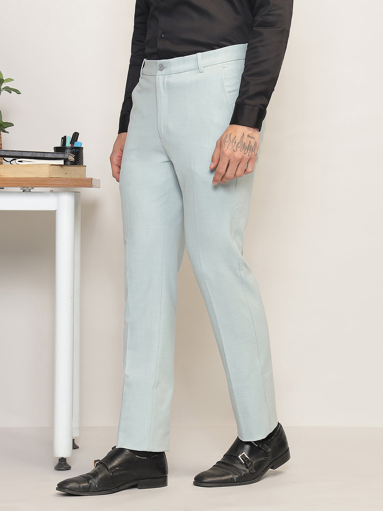 Flex Waist 4-Way Stretch Formal Trousers in Sage Blue- Slim Fit