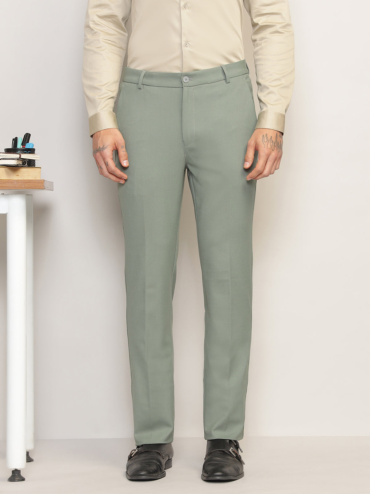 Flex Waist 4-Way Stretch Formal Trousers in Sage Green- Slim Fit
