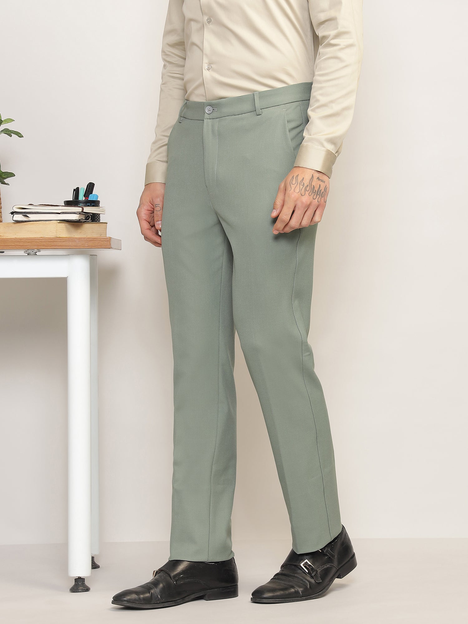 Flex Waist 4-Way Stretch Formal Trousers in Sage Green- Slim Fit