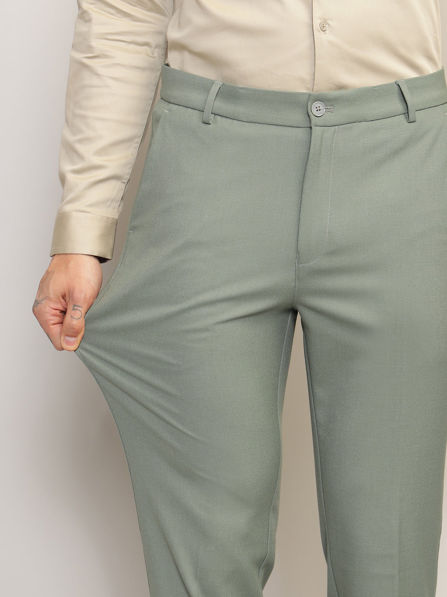 Flex Waist 4-Way Stretch Formal Trousers in Sage Green- Slim Fit