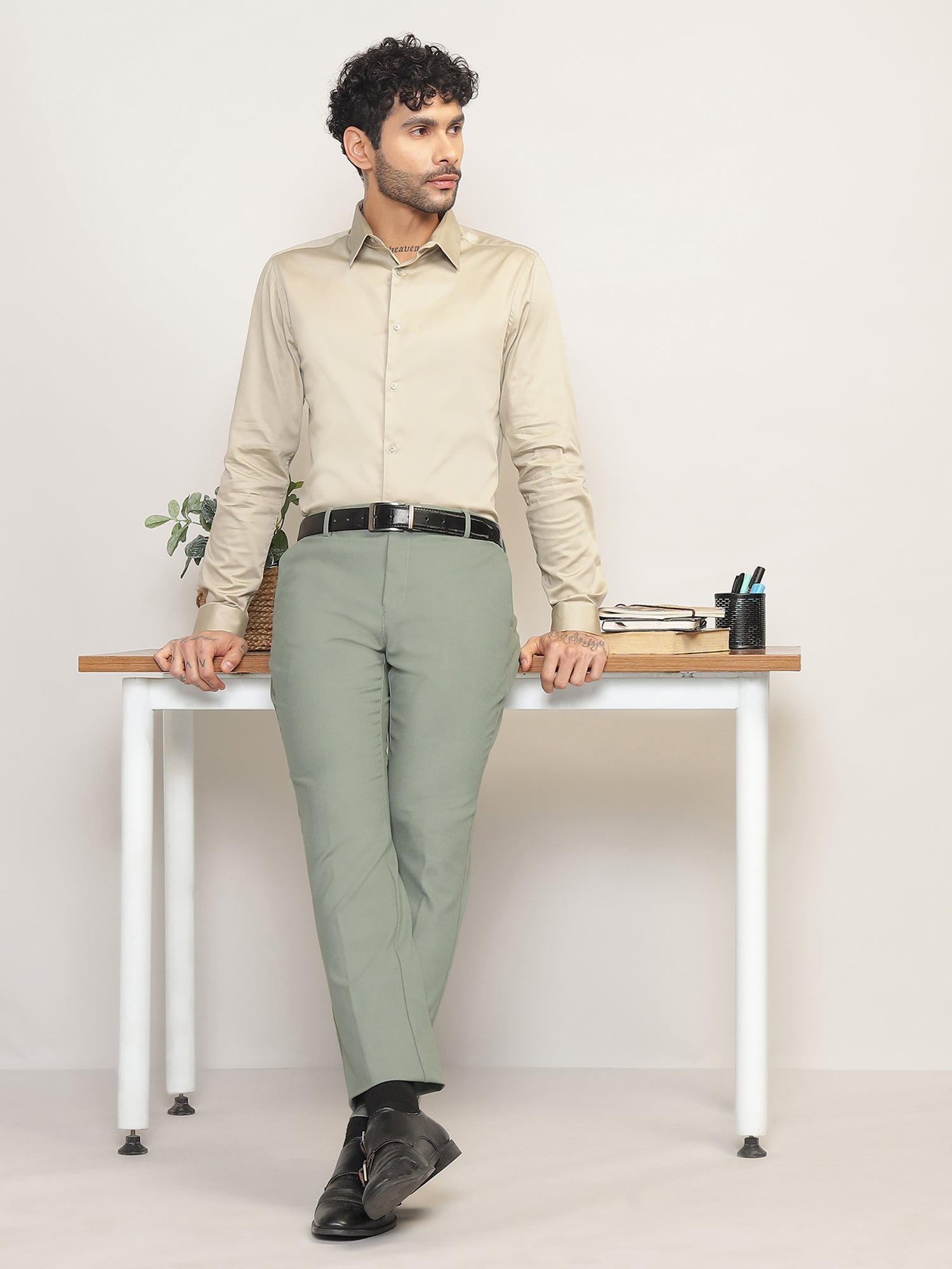 Flex Waist 4-Way Stretch Formal Trousers in Sage Green- Slim Fit