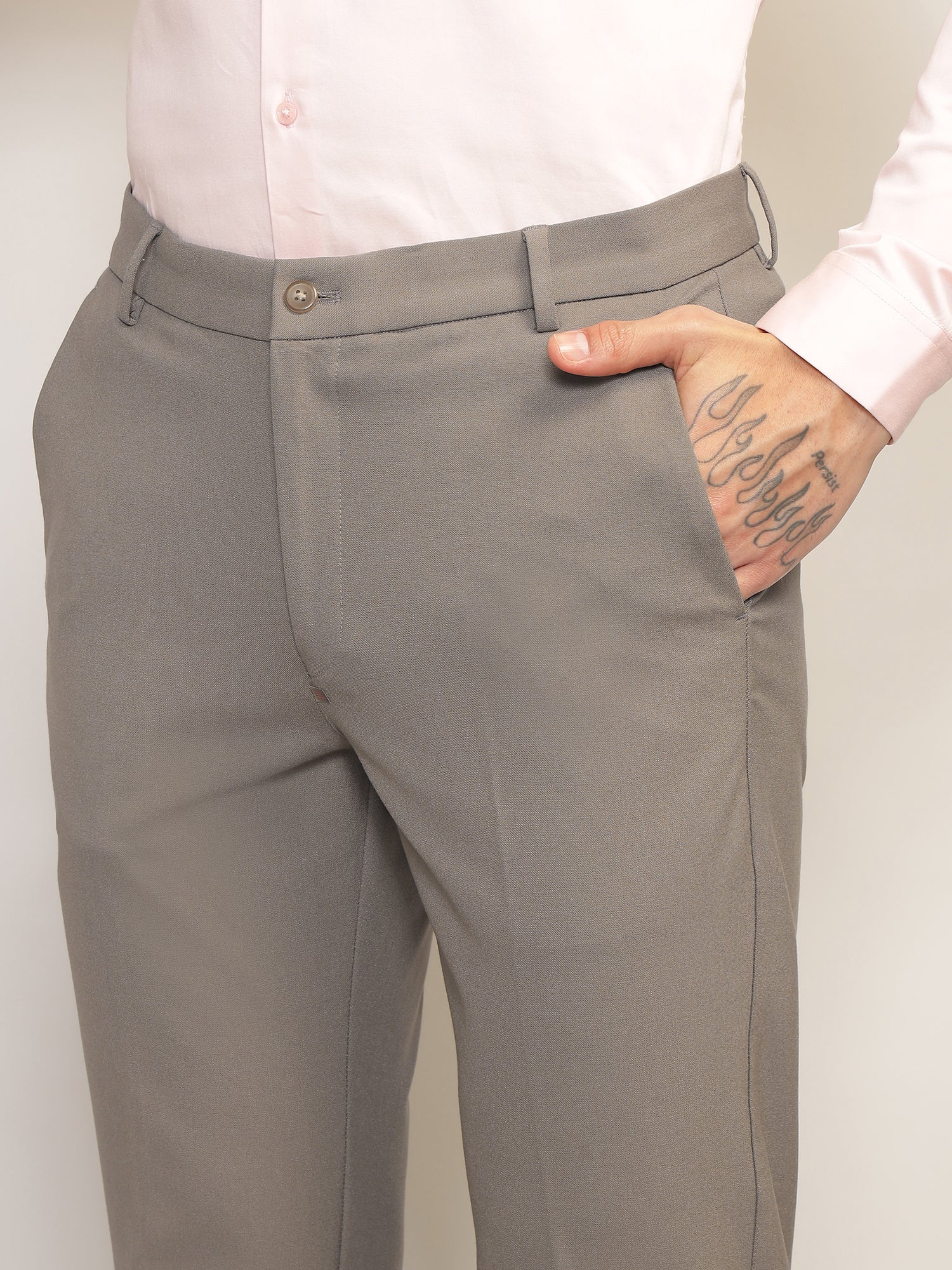 Flex Waist 4-Way Stretch Formal Trousers in Stone Grey- Slim Fit