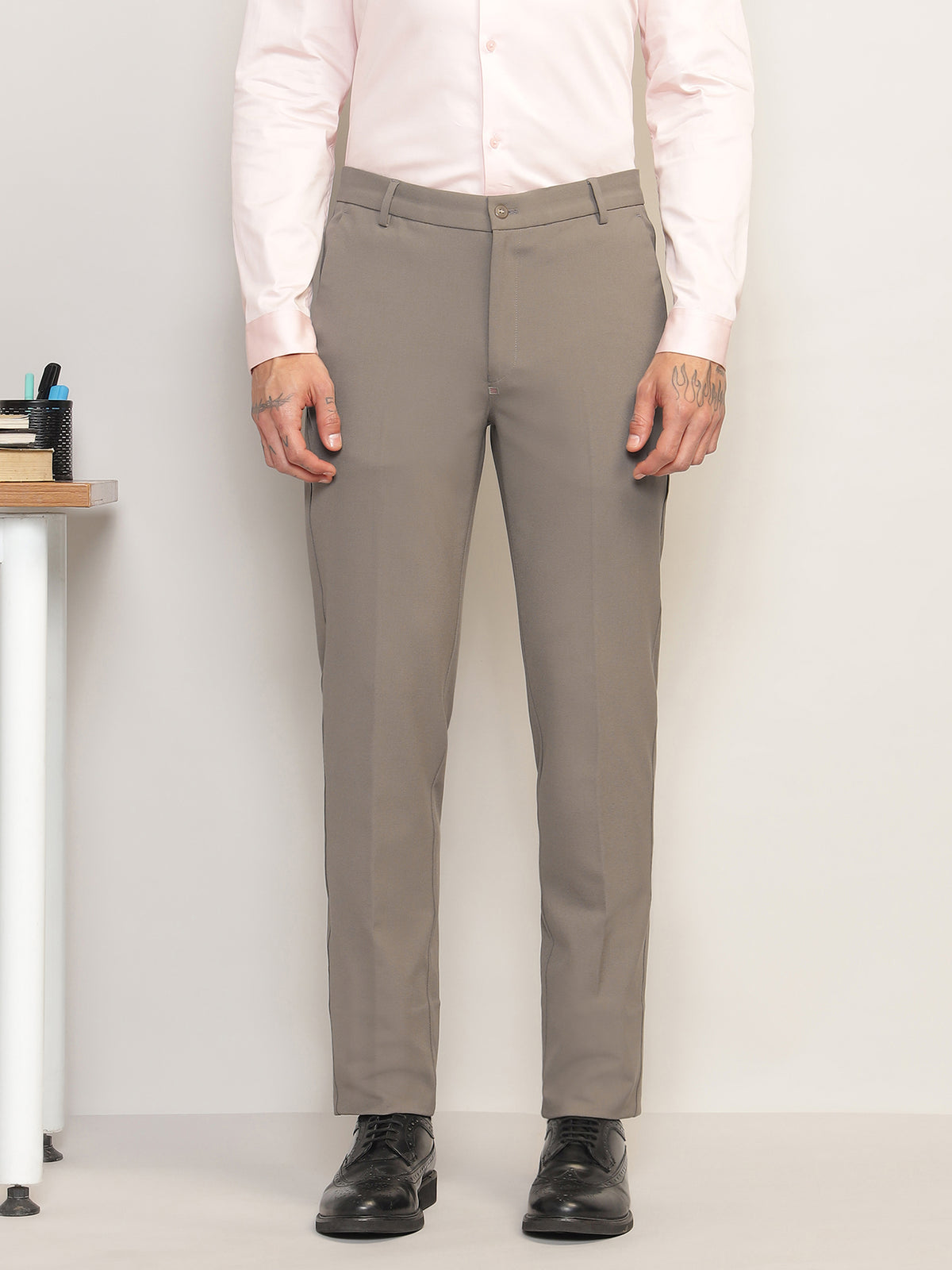 Flex Waist 4-Way Stretch Formal Trousers in Stone Grey- Slim Fit