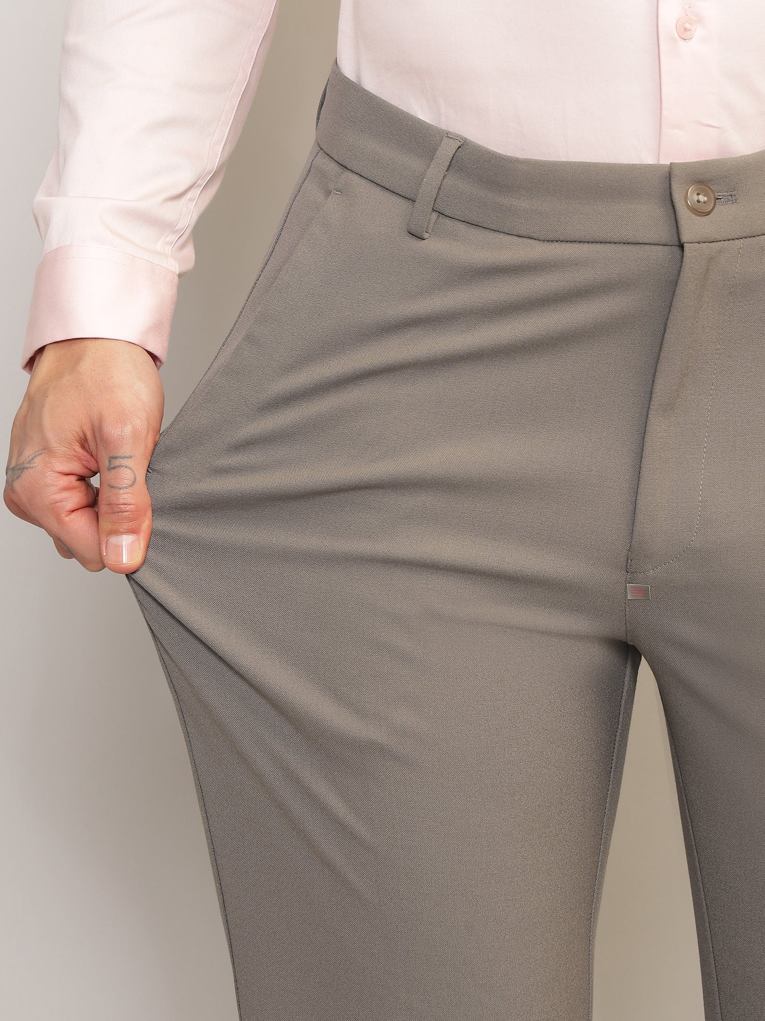 Flex Waist 4-Way Stretch Formal Trousers in Stone Grey- Slim Fit