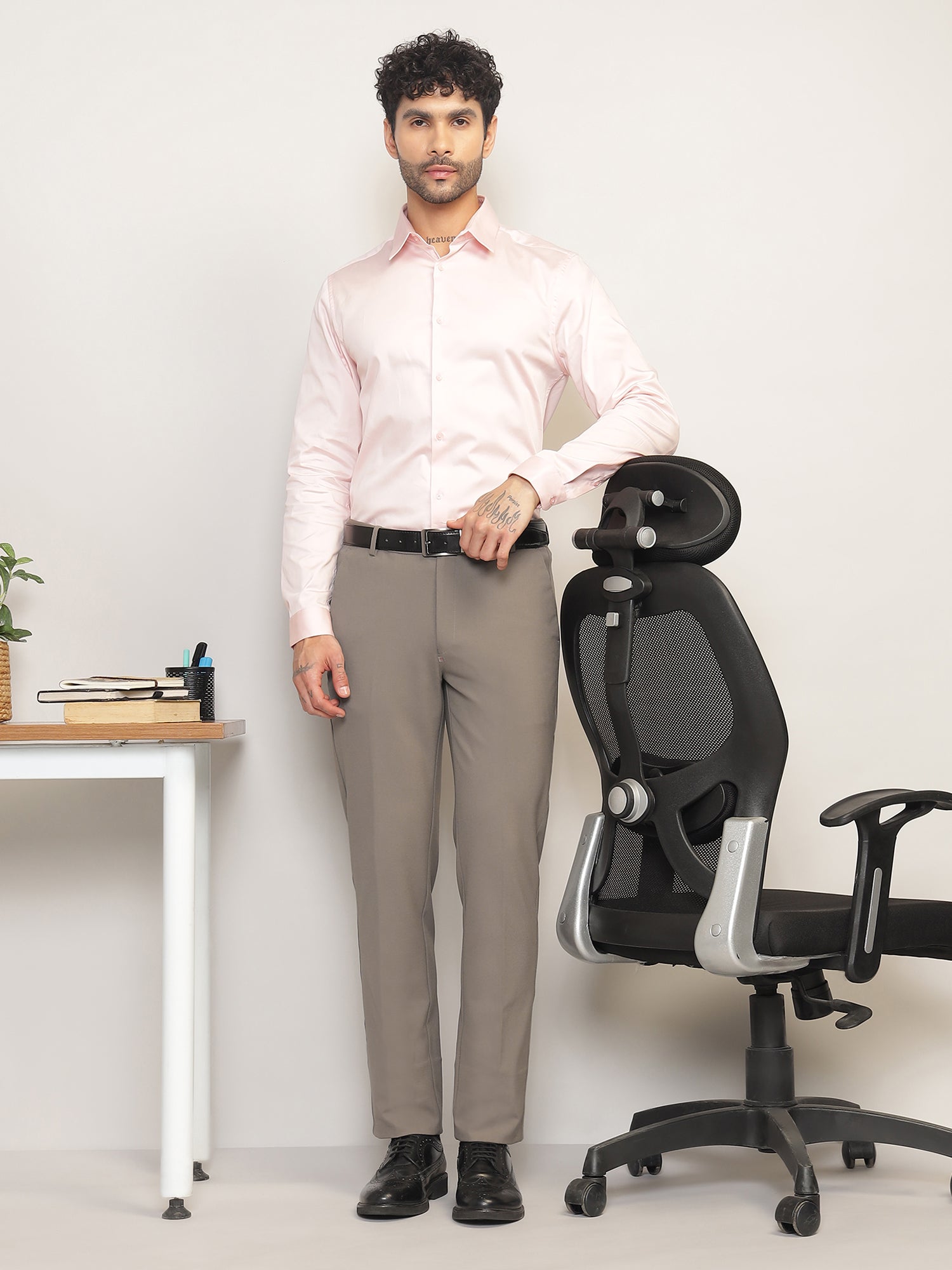 Flex Waist 4-Way Stretch Formal Trousers in Stone Grey- Slim Fit