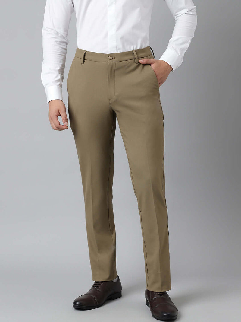 Flex Waist 4-Way Stretch Formal Trousers in Tan Khaki- Slim Fit