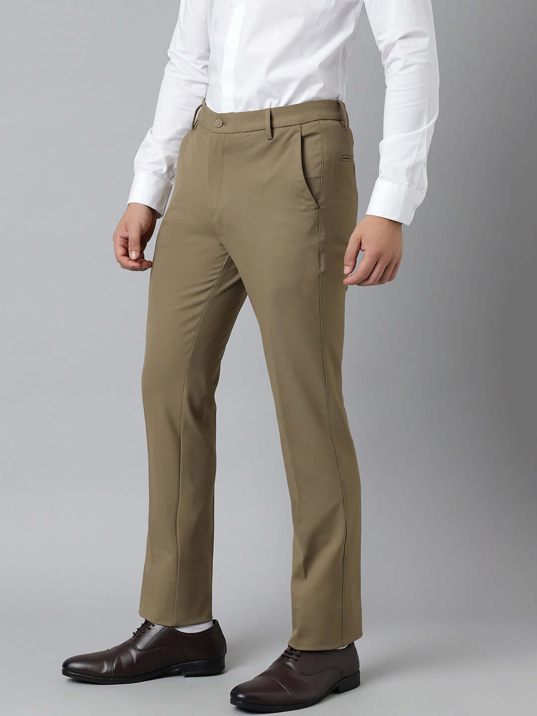 Flex Waist 4-Way Stretch Formal Trousers in Tan Khaki- Slim Fit