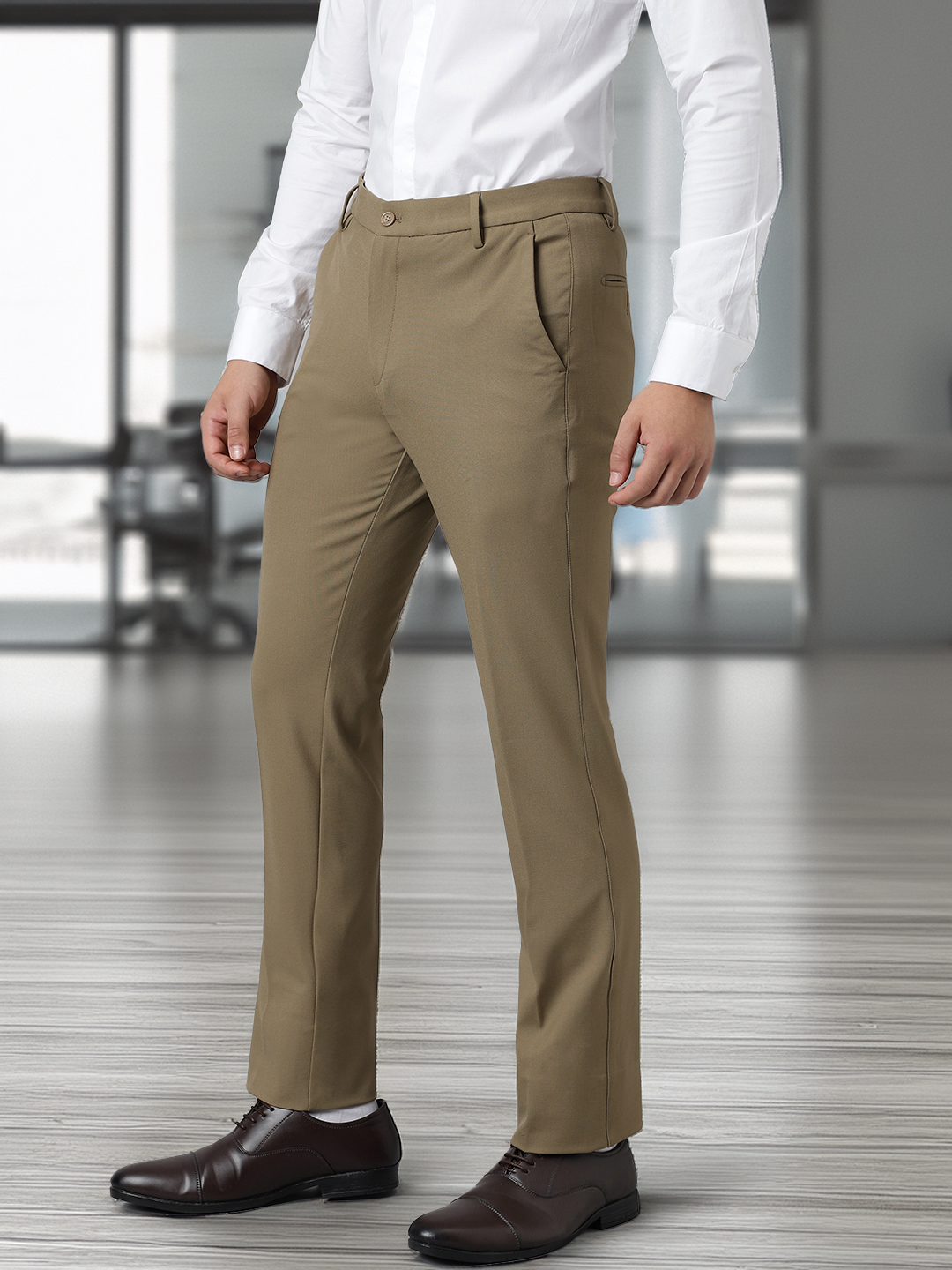Flex Waist 4-Way Stretch Formal Trousers in Tan Khaki- Slim Fit