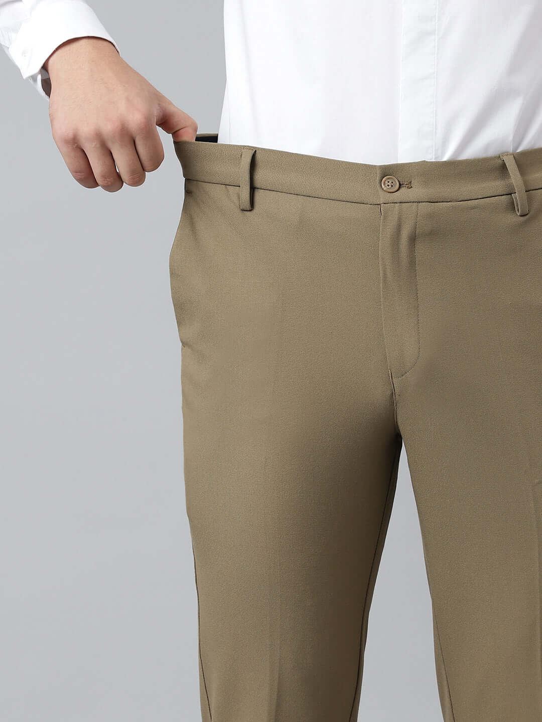 Flex Waist 4-Way Stretch Formal Trousers in Tan Khaki- Slim Fit