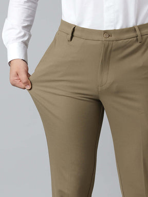 Flex Waist 4-Way Stretch Formal Trousers in Tan Khaki- Slim Fit