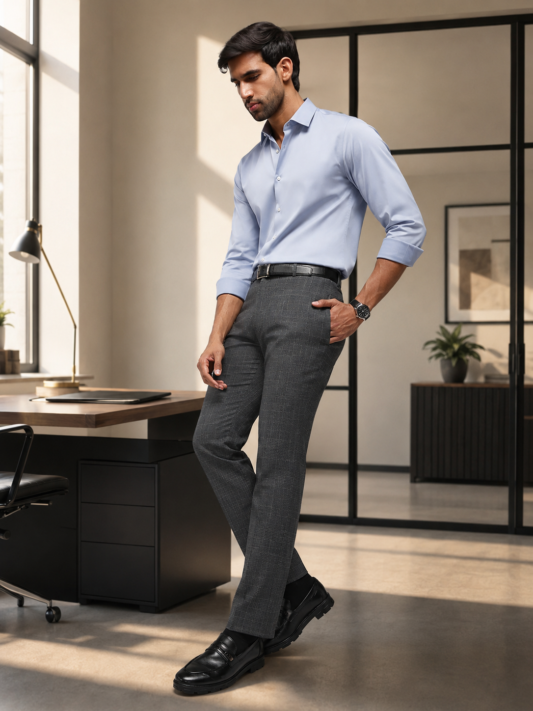 MoveLite™ Checked Trousers in Charcoal Blue
