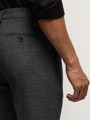 Flex Waist 4-Way Stretch Checked Formal Trousers in Charcoal Blue - Slim Fit