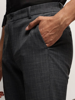Flex Waist 4-Way Stretch Checked Formal Trousers in Charcoal Blue - Slim Fit
