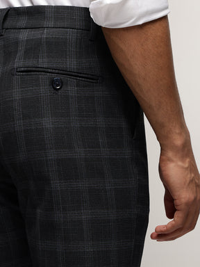 Flex Waist 4-Way Stretch Checked Formal Trousers in Charcoal - Slim Fit