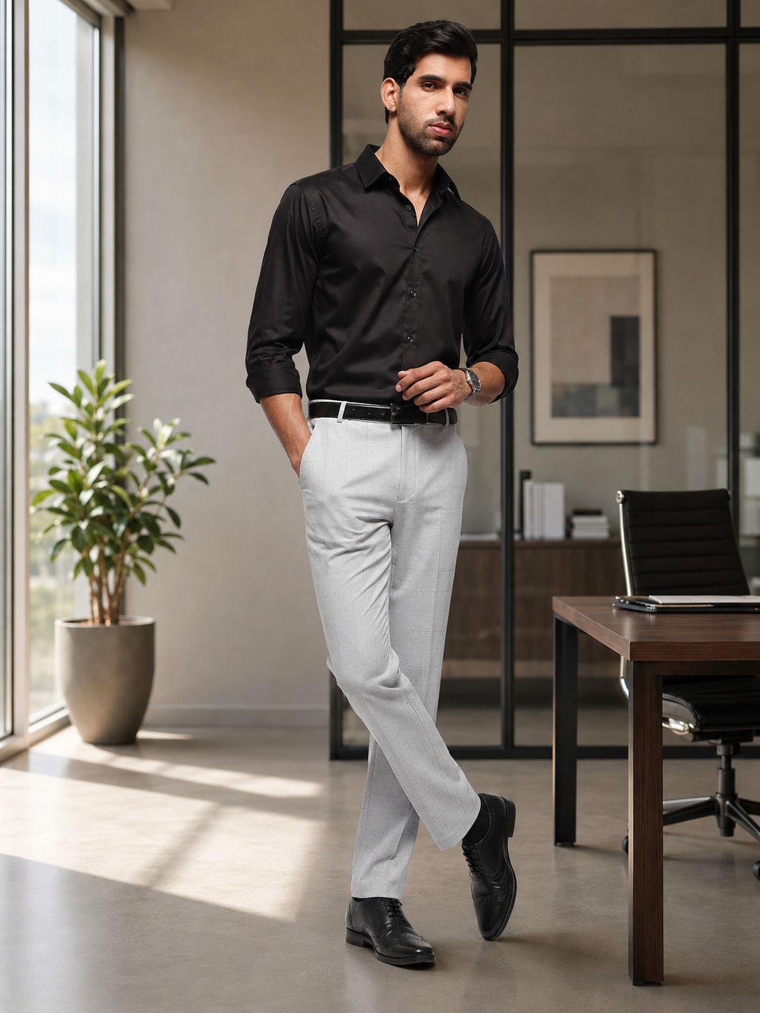 MoveLite™ Checked Trousers in Silver Grey