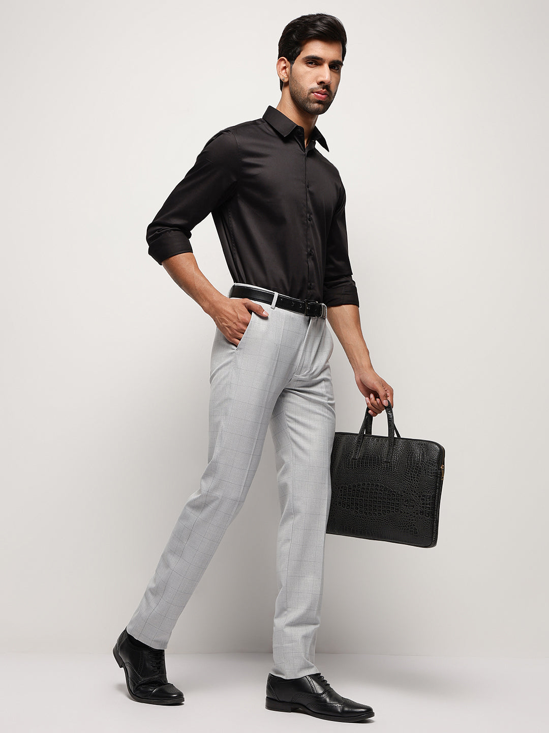 Flex Waist 4-Way Stretch Checked Formal Trousers in Silver Grey- Slim Fit