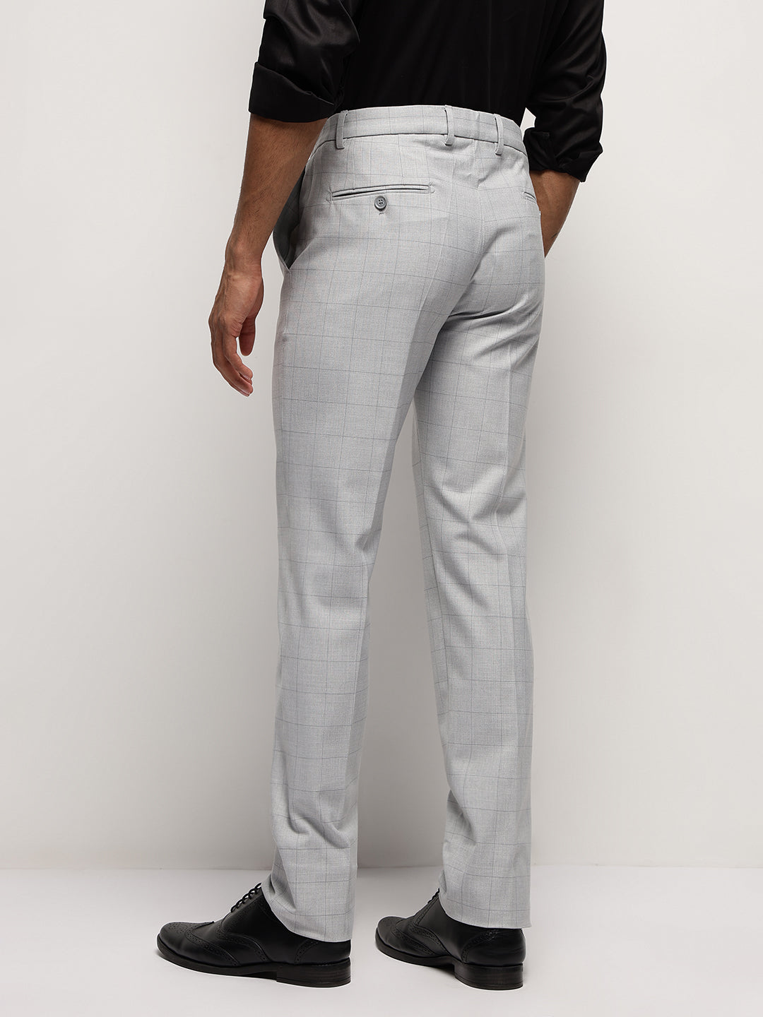 Flex Waist 4-Way Stretch Checked Formal Trousers in Silver Grey- Slim Fit