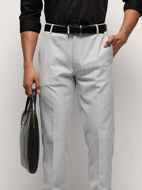 Flex Waist 4-Way Stretch Checked Formal Trousers in Silver Grey- Slim Fit