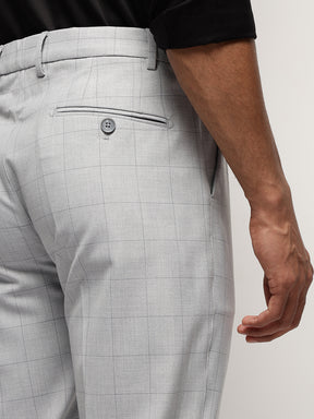 Flex Waist 4-Way Stretch Checked Formal Trousers in Silver Grey- Slim Fit