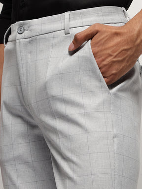 Flex Waist 4-Way Stretch Checked Formal Trousers in Silver Grey- Slim Fit