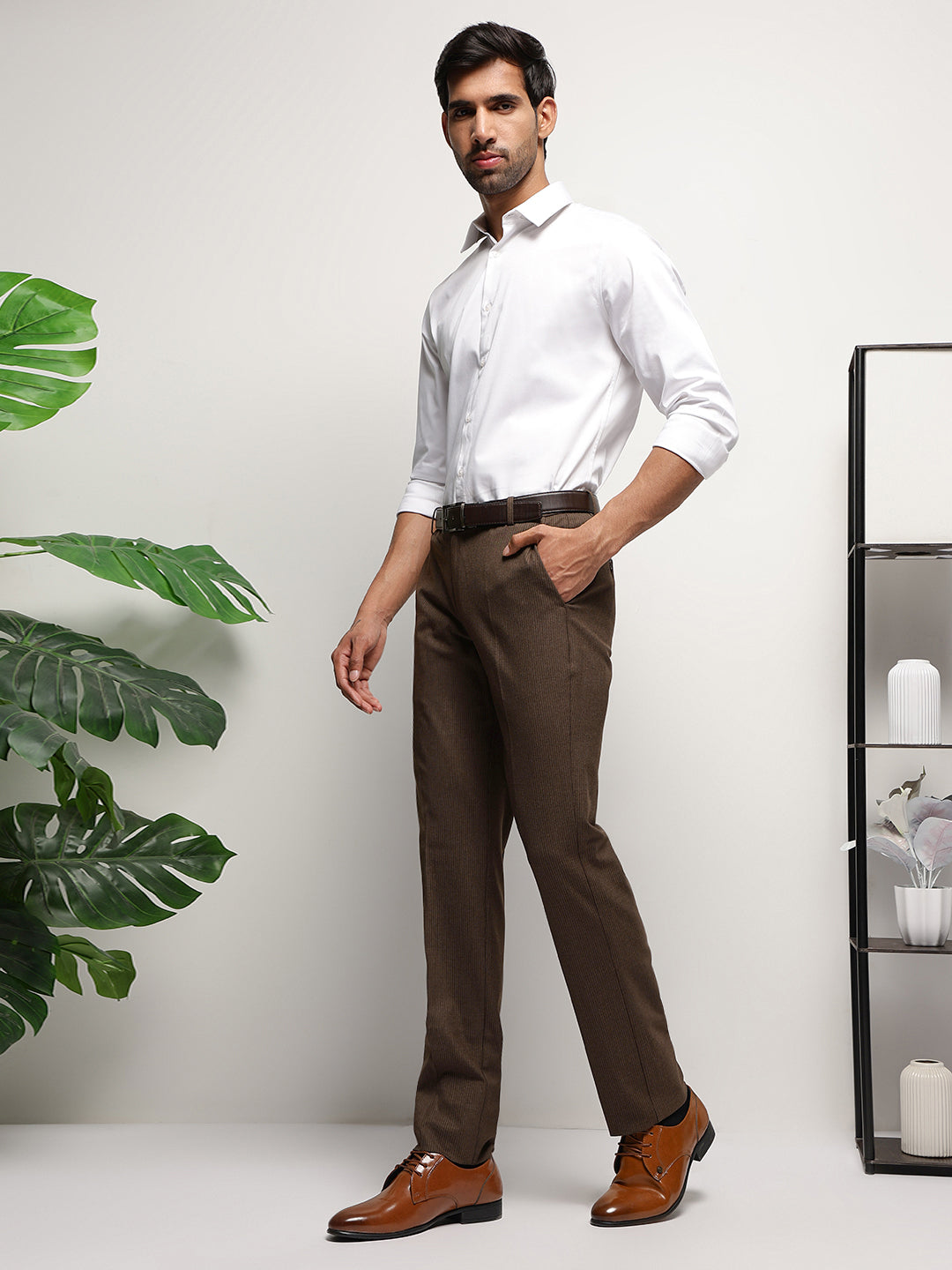 Flex Waist 4-Way Stretch Striped Formal Trousers in Dark Brown- Slim Fit