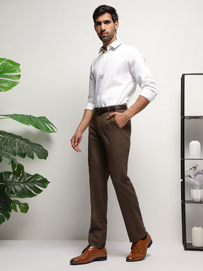 Flex Waist 4-Way Stretch Striped Formal Trousers in Dark Brown- Slim Fit