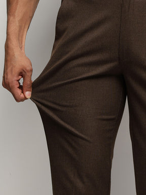 Flex Waist 4-Way Stretch Striped Formal Trousers in Dark Brown- Slim Fit