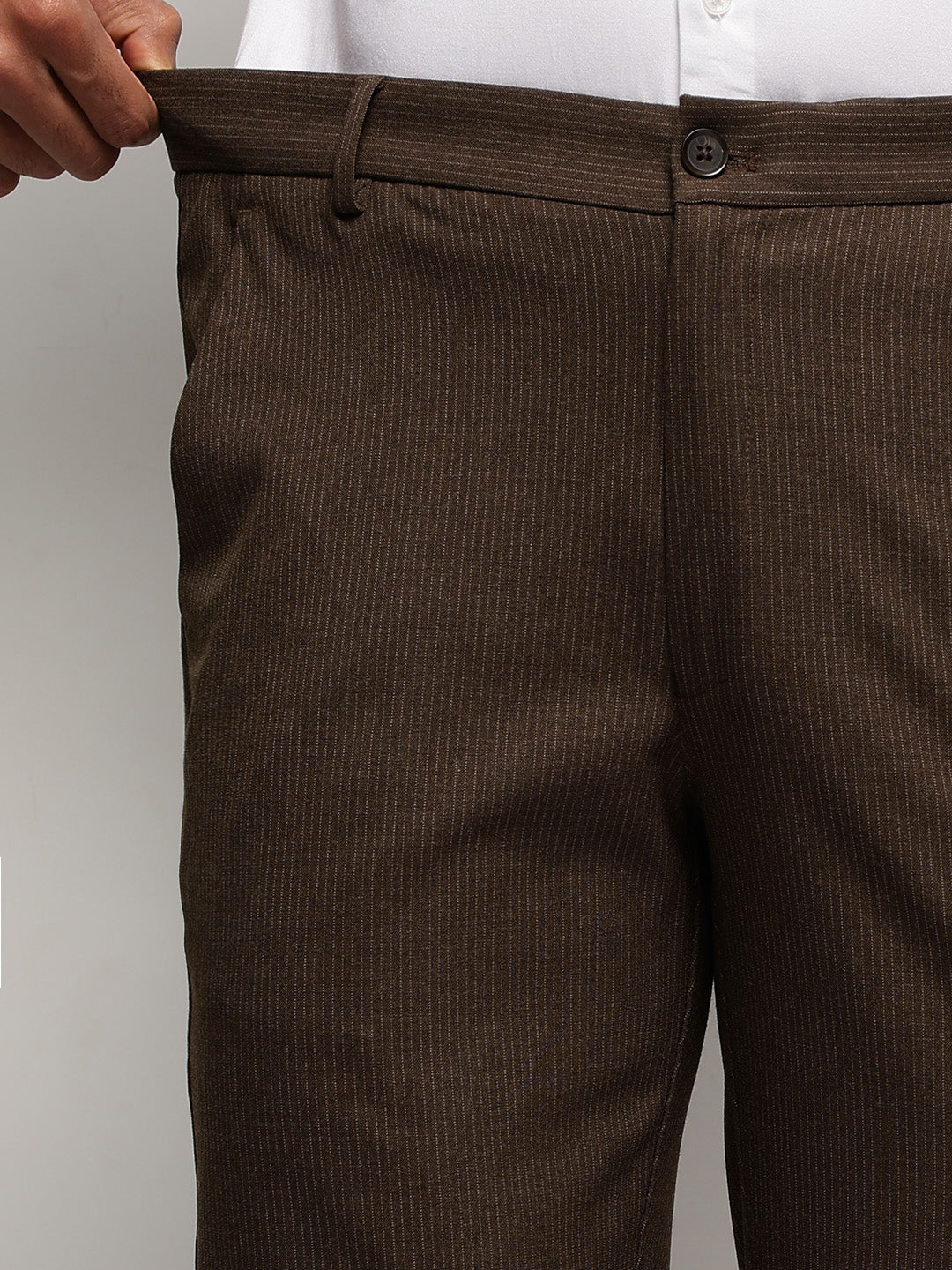 Flex Waist 4-Way Stretch Striped Formal Trousers in Dark Brown- Slim Fit