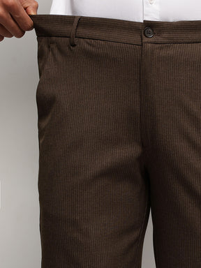 Flex Waist 4-Way Stretch Striped Formal Trousers in Dark Brown- Slim Fit