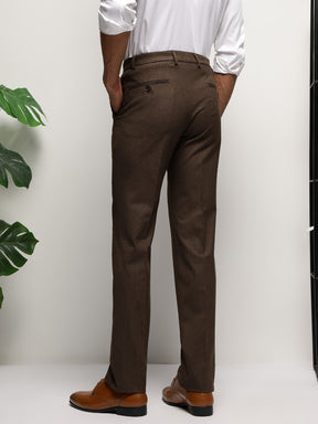 Flex Waist 4-Way Stretch Striped Formal Trousers in Dark Brown- Slim Fit