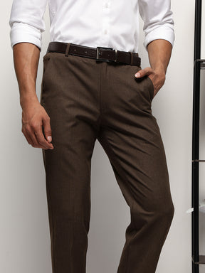 Flex Waist 4-Way Stretch Striped Formal Trousers in Dark Brown- Slim Fit