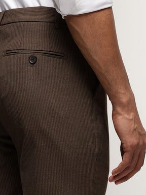 Flex Waist 4-Way Stretch Striped Formal Trousers in Dark Brown- Slim Fit