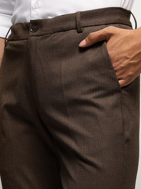 Flex Waist 4-Way Stretch Striped Formal Trousers in Dark Brown- Slim Fit