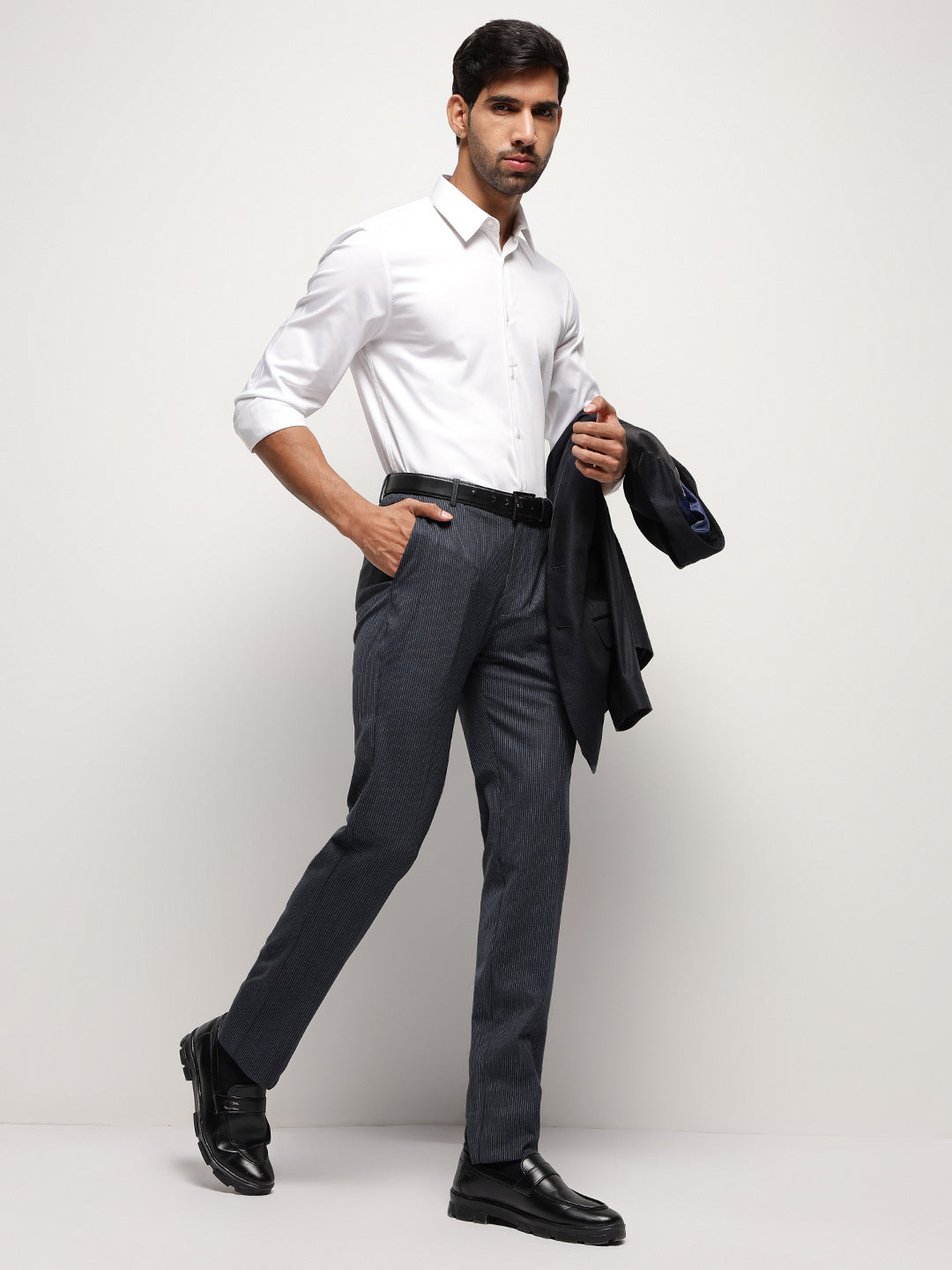 Flex Waist 4-Way Stretch Striped Formal Trousers in Denim Blue- Slim Fit
