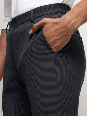 Flex Waist 4-Way Stretch Striped Formal Trousers in Denim Blue- Slim Fit