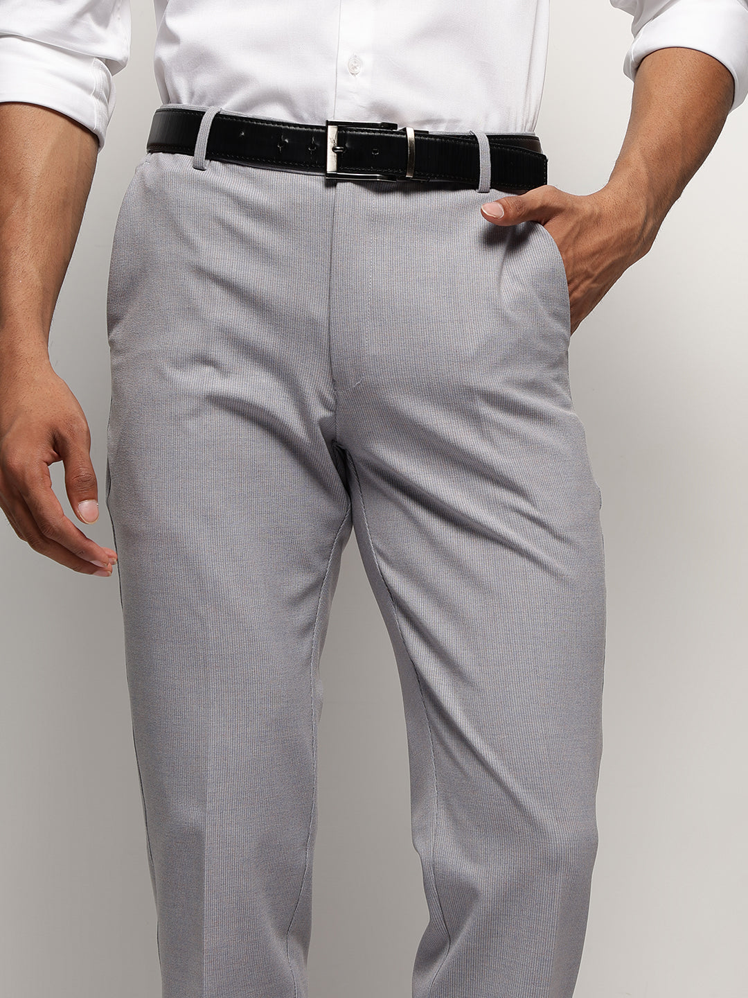 Flex Waist 4-Way Stretch Striped Formal Trousers in Light Blue - Slim Fit