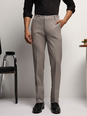 Flex Waist 4-Way Stretch Striped Formal Trousers in Light Brown - Slim Fit