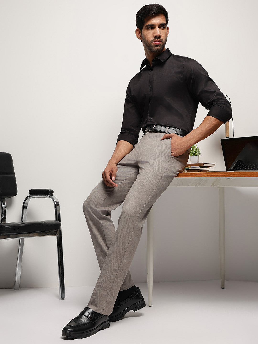 Flex Waist 4-Way Stretch Striped Formal Trousers in Light Brown - Slim Fit