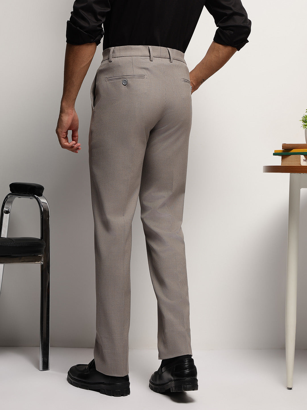 Flex Waist 4-Way Stretch Striped Formal Trousers in Light Brown - Slim Fit
